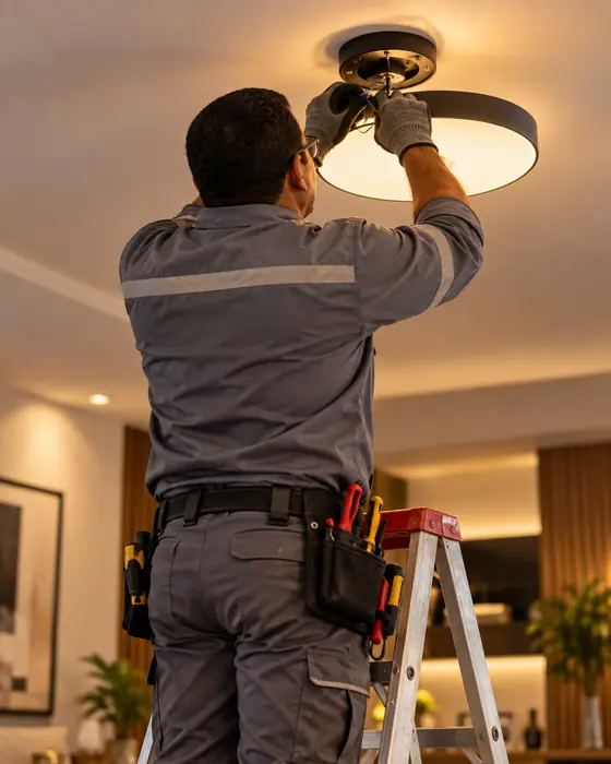 Arnaldo instalando uma luminária de teto