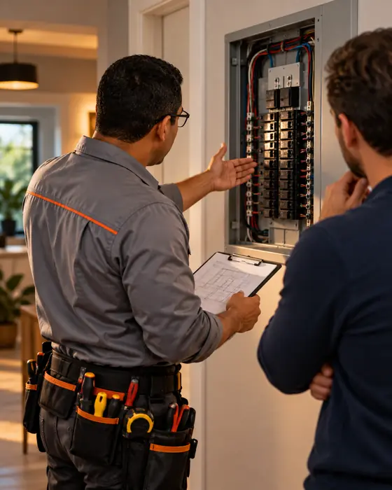 Arnaldo explicando a um cliente o que foi feito no quadro de luz